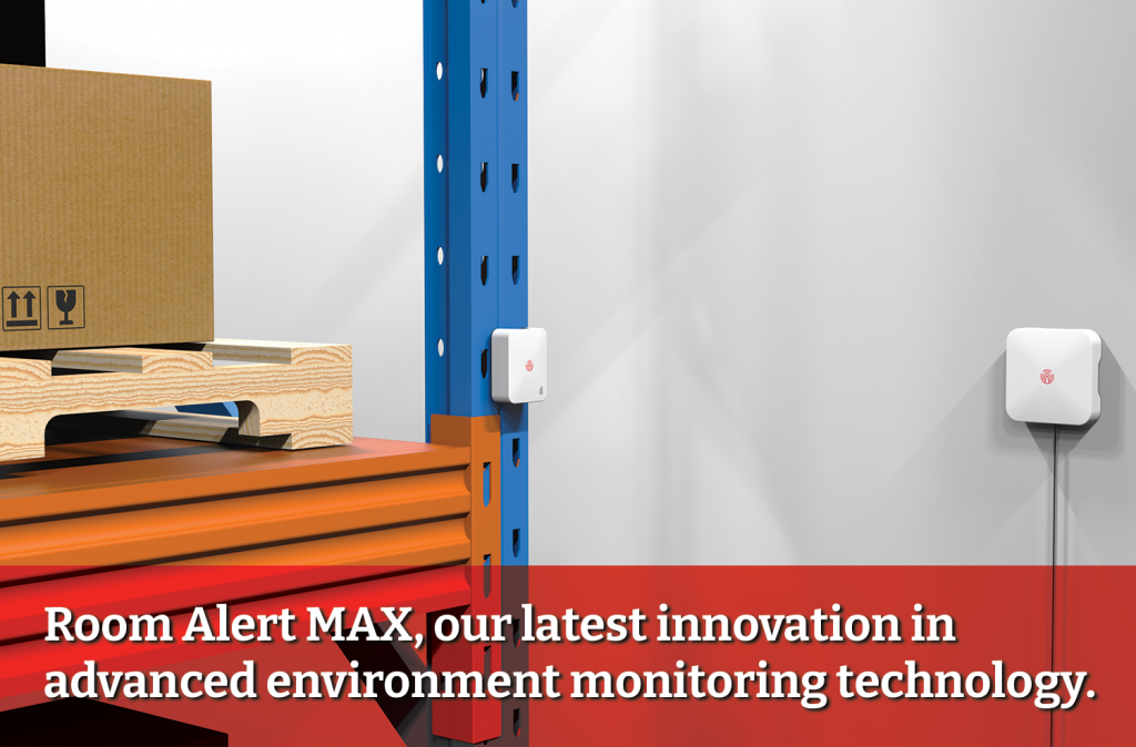Infographic of Room Alert MAX, depicting installation in a warehouse