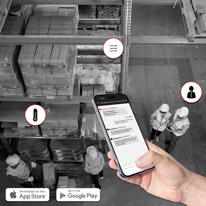 Room Alert mobile app showing real-time warehouse temperature, humidity and environmental monitoring data to help protect workers and inventory.